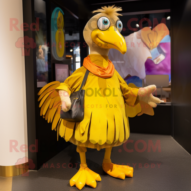 Gold Dodo Bird mascot costume character dressed with a Skirt and Handbags