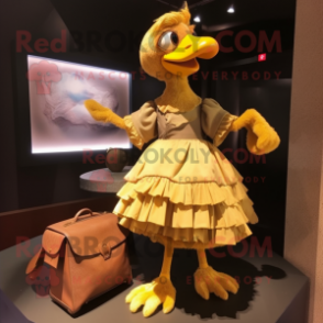 Gold Dodo Bird mascot costume character dressed with a Skirt and Handbags