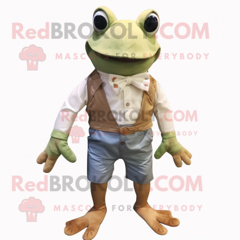 Tan Frog mascot costume character dressed with a Denim Shorts and Bow ties