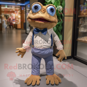 Tan Frog mascot costume character dressed with a Denim Shorts and Bow ties