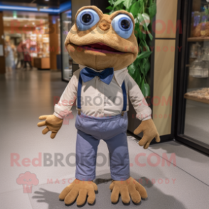 Tan Frog mascot costume character dressed with a Denim Shorts and Bow ties