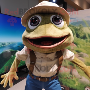 Tan Frog mascot costume character dressed with a Denim Shorts and Bow ties