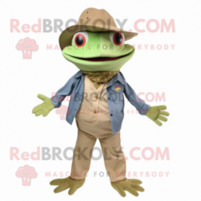 Tan Frog mascot costume character dressed with a Denim Shorts and Bow ties