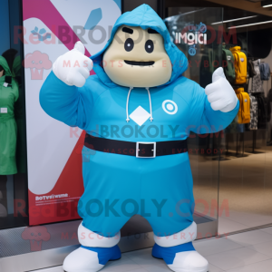 Cyan Strongman mascot costume character dressed with a Raincoat and Smartwatches