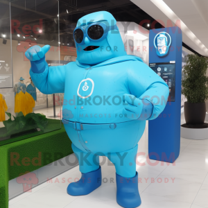 Cyan Strongman mascot costume character dressed with a Raincoat and Smartwatches