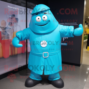 Cyan Strongman mascot costume character dressed with a Raincoat and Smartwatches