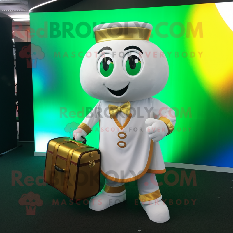 White Pot Of Gold mascot costume character dressed with a Dress and Briefcases White Pot Of Gold mascot costume character dressed with a Dress and Briefcases