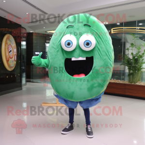 Forest Green Donut mascot costume character dressed with a Denim Shorts and Shawls