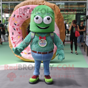 Forest Green Donut mascot costume character dressed with a Denim Shorts and Shawls
