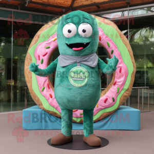 Forest Green Donut mascot costume character dressed with a Denim Shorts and Shawls