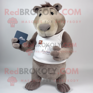 Gray Capybara mascot costume character dressed with a V-Neck Tee and Wallets