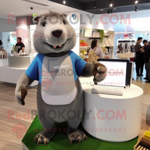 Gray Capybara mascot costume character dressed with a V-Neck Tee and Wallets