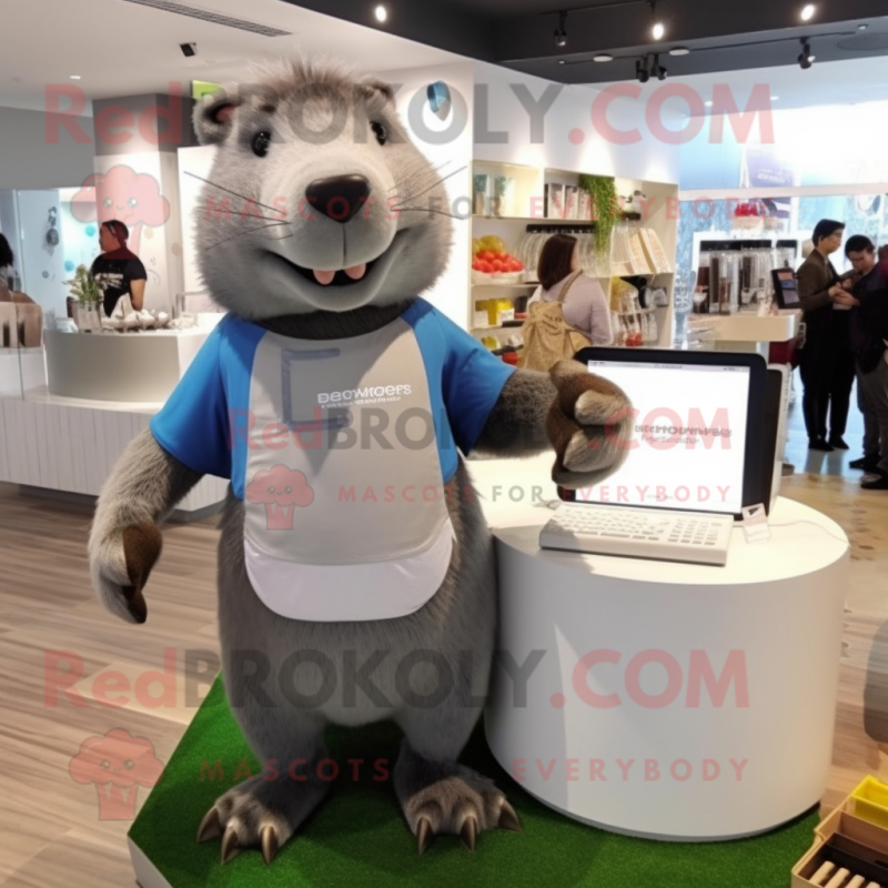 Gray Capybara mascot costume character dressed with a V-Neck Tee and Wallets Gray Capybara mascot costume character dressed with a V-Neck Tee and Wallets