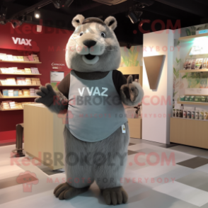 Gray Capybara mascot costume character dressed with a V-Neck Tee and Wallets