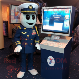 Navy Computer mascot costume character dressed with a Playsuit and Lapel pins