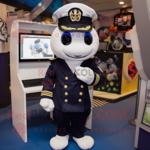 Navy Computer mascot costume character dressed with a Playsuit and Lapel pins