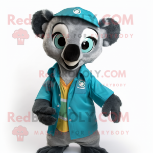Teal Lemur mascot costume character dressed with a Button-Up Shirt and Scarves