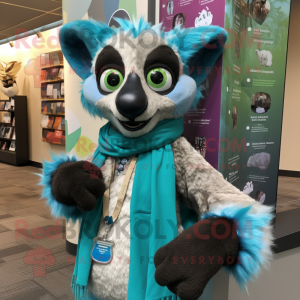 Teal Lemur mascot costume character dressed with a Button-Up Shirt and Scarves