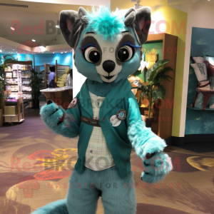 Teal Lemur mascot costume character dressed with a Button-Up Shirt and Scarves