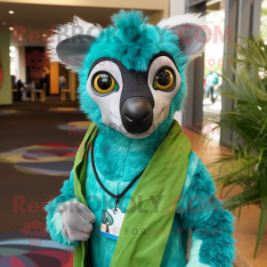 Teal Lemur mascot costume character dressed with a Button-Up Shirt and Scarves