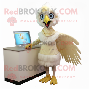 Cream Harpy mascot costume character dressed with a Wrap Skirt and Tie pins