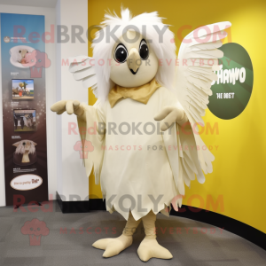 Cream Harpy mascot costume character dressed with a Wrap Skirt and Tie pins