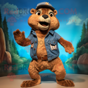 Brown Mongoose mascot costume character dressed with a Denim Shorts and Belts