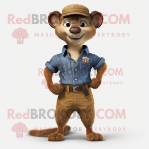 Brown Mongoose mascot costume character dressed with a Denim Shorts and Belts