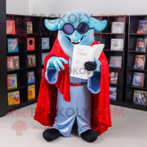 Sky Blue Vampire mascot costume character dressed with a Cover-up and Reading glasses