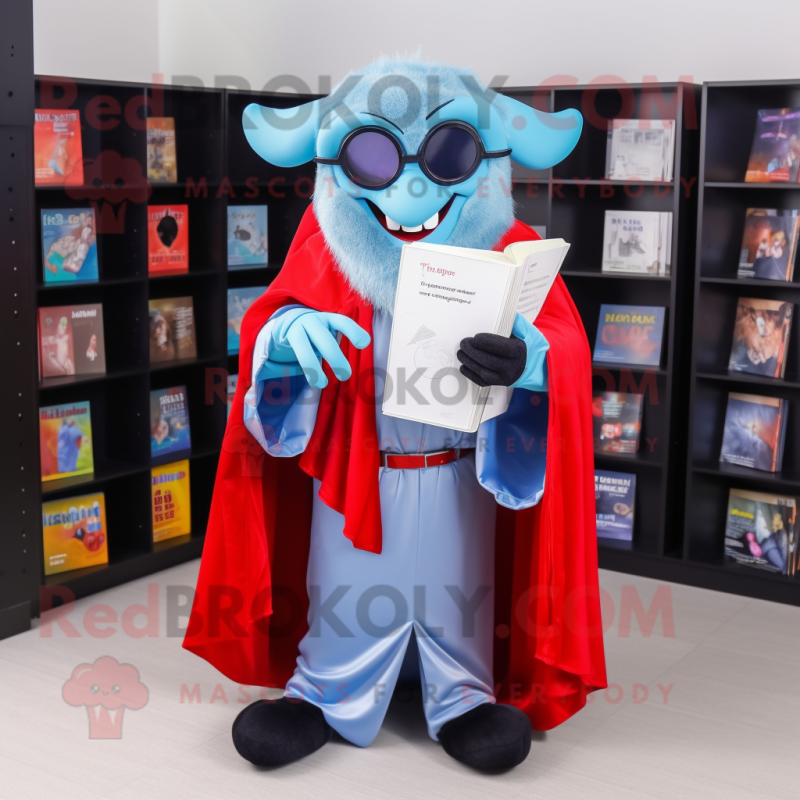 Sky Blue Vampire mascot costume character dressed with a Cover-up and Reading glasses