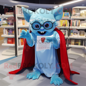 Sky Blue Vampire mascot costume character dressed with a Cover-up and Reading glasses