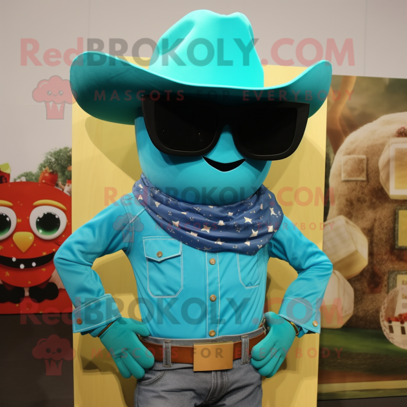 Cyan Cowboy mascot costume character dressed with a Tank Top and Sunglasses Cyan Cowboy mascot costume character dressed with a Tank Top and Sunglasses