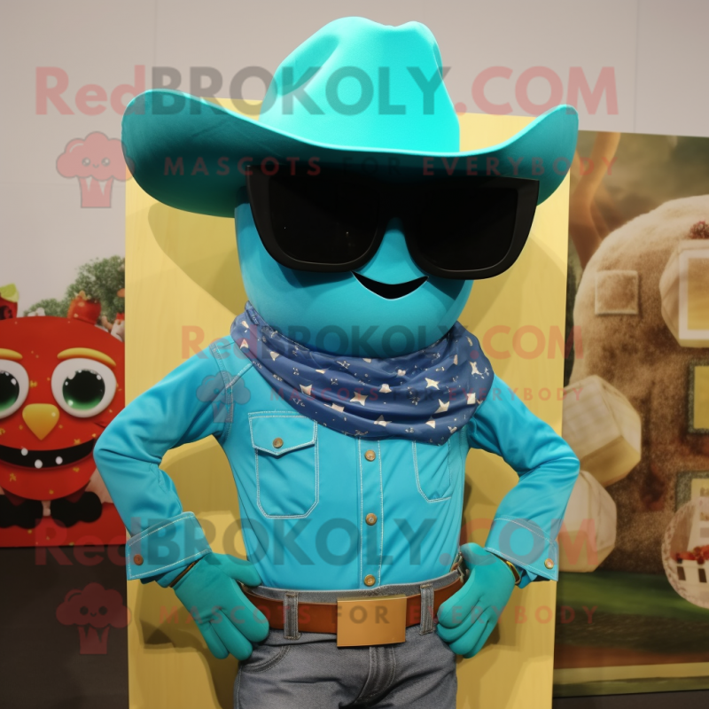 Cyan Cowboy mascot costume character dressed with a Tank Top and Sunglasses