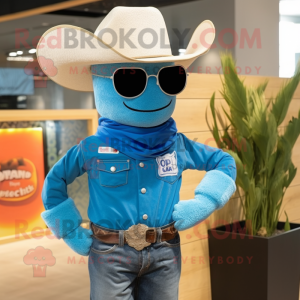 Cyan Cowboy mascot costume character dressed with a Tank Top and Sunglasses