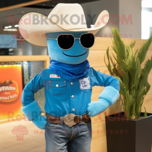 Cyan Cowboy maskot kostume...