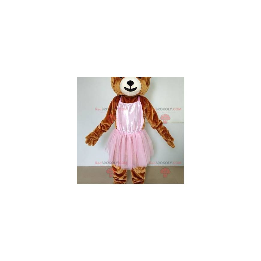 Brun nallebjörnmaskot med en rosa tutu - Redbrokoly.com