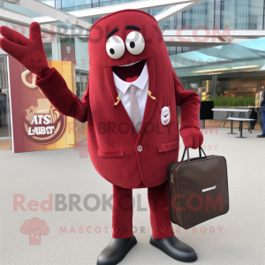 Maroon Currywurst mascot costume character dressed with a Suit Jacket and Tote bags