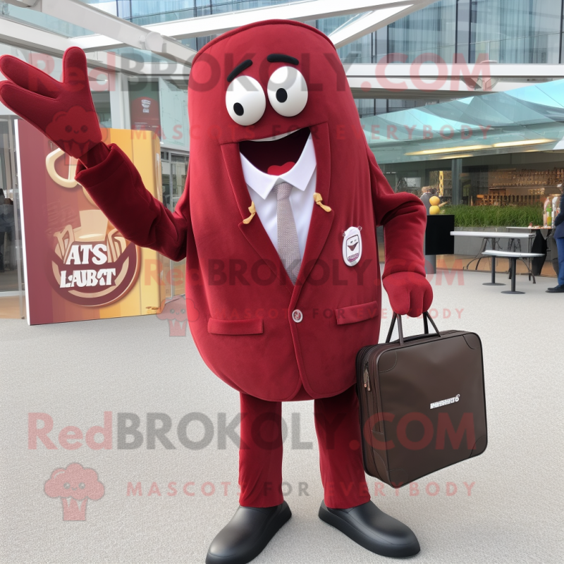 Maroon Currywurst mascot costume character dressed with a Suit Jacket and Tote bags Maroon Currywurst mascot costume character dressed with a Suit Jacket and Tote bags