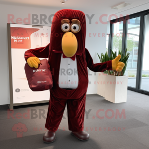 Maroon Currywurst mascot costume character dressed with a Suit Jacket and Tote bags