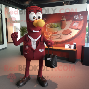 Maroon Currywurst mascot costume character dressed with a Suit Jacket and Tote bags