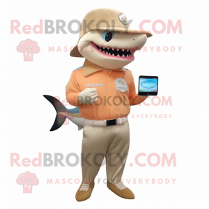 Peach Shark mascot costume character dressed with a Button-Up Shirt and Smartwatches