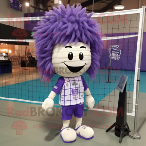 Lavender Volleyball Net mascot costume character dressed with a Polo Shirt and Hair clips