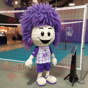 Lavender Volleyball Net mascot costume character dressed with a Polo Shirt and Hair clips