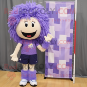 Lavender Volleyball Net mascot costume character dressed with a Polo Shirt and Hair clips