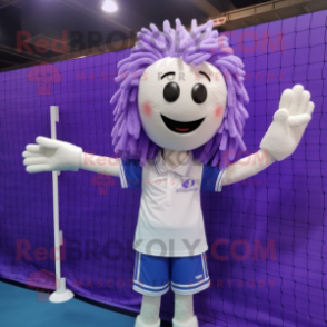 Lavender Volleyball Net mascot costume character dressed with a Polo Shirt and Hair clips