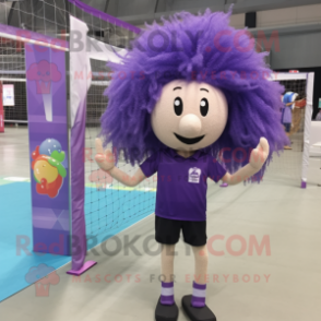 Lavender Volleyball Net mascot costume character dressed with a Polo Shirt and Hair clips