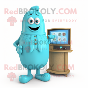 Turquoise Television mascot costume character dressed with a Oxford Shirt and Shawl pins