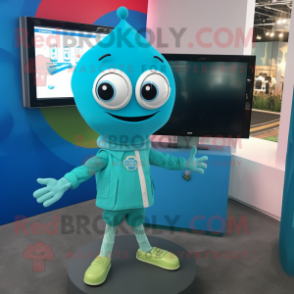 Turquoise Television mascot costume character dressed with a Oxford Shirt and Shawl pins