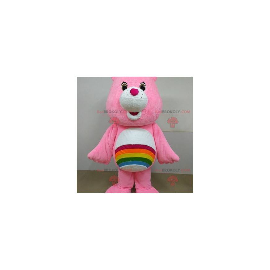 Mascotte de Bisounours rose avec un arc-en-ciel - Redbrokoly.com