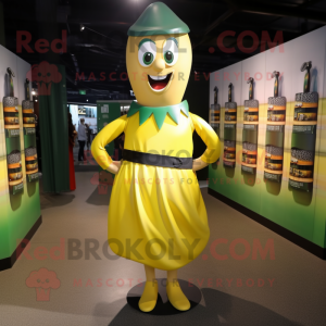 Olive Bottle Of Mustard mascot costume character dressed with a Mini Skirt and Belts